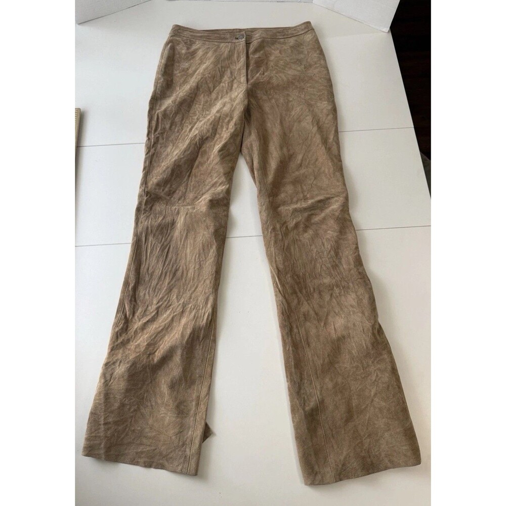 Yansi Fugel Suede Leather Pants Size 10 Light Brown Washable Pig Suede Split Leg